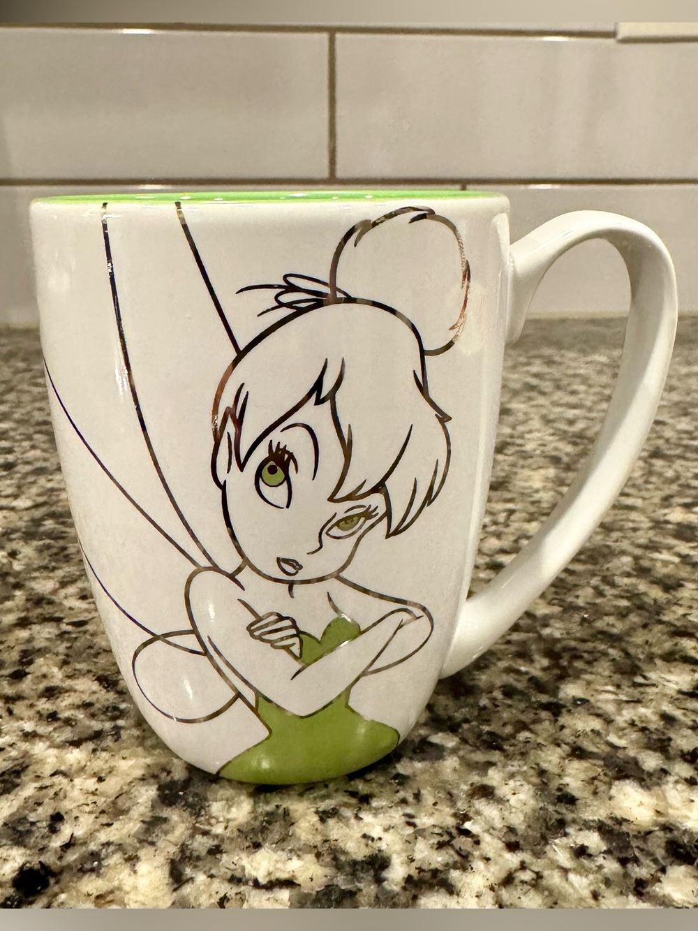 Disney Parks Tinker Bell Attitude Ceramic Mug white ex/green interior Bejeweled